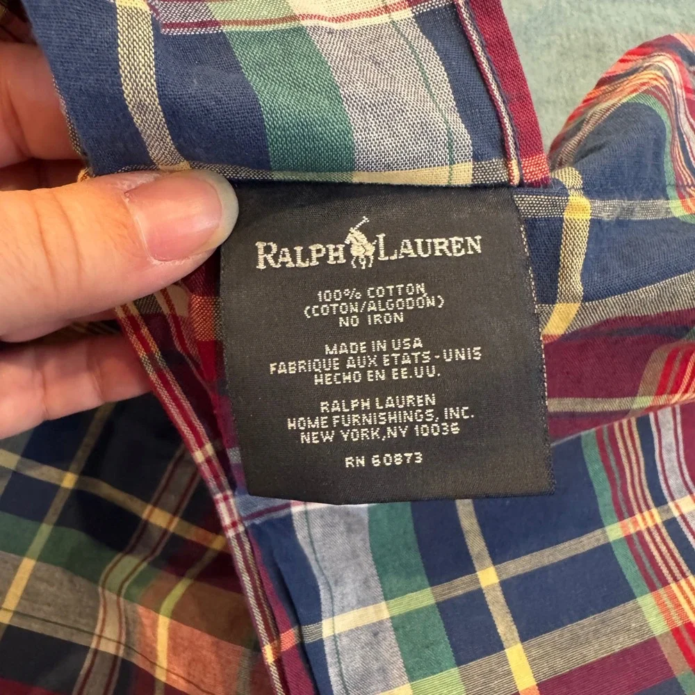 VTG Ralph Lauren Denim Comforter Set Blue Jean Flag Logo Plaid Sham/Skirt Queen